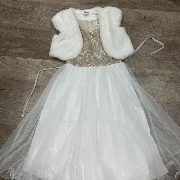 Speechless Kids Other - Speechless Girls White Gold Sequin Tulle Dress Faux Fur Bolero‎ Set Size 5